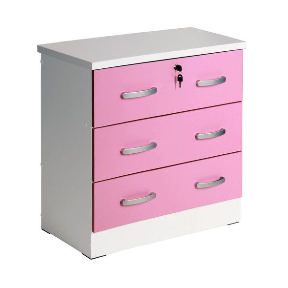 Better Home Products Cindy Wooden 3 Drawer Chest Bedroom Dresser in White & Pink