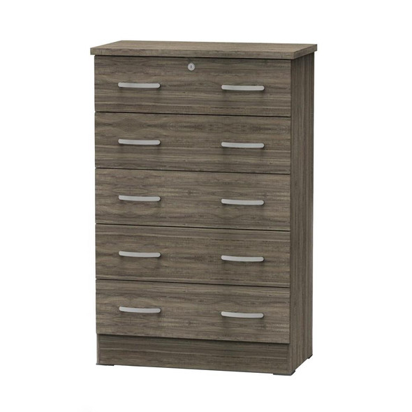 Better Home Products Cindy 5 Drawer Chest Wooden Dresser with Lock in Silver