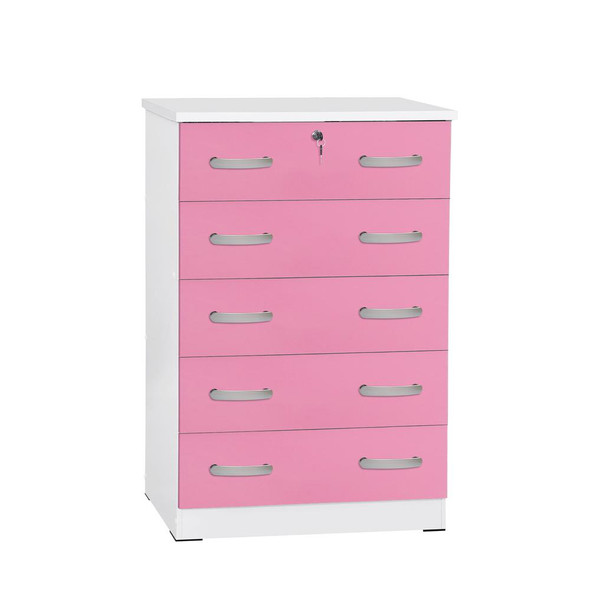 Better Home Products Cindy 5 Drawer Chest Wooden Dresser with Lock in Pink