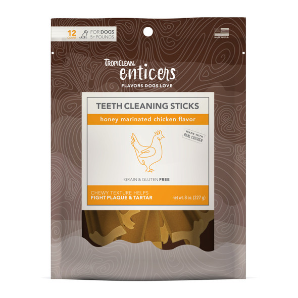 TropiClean Enticers Teeth Cleaning Sticks for Dogs - Honey Marinated Chicken - 12 ct