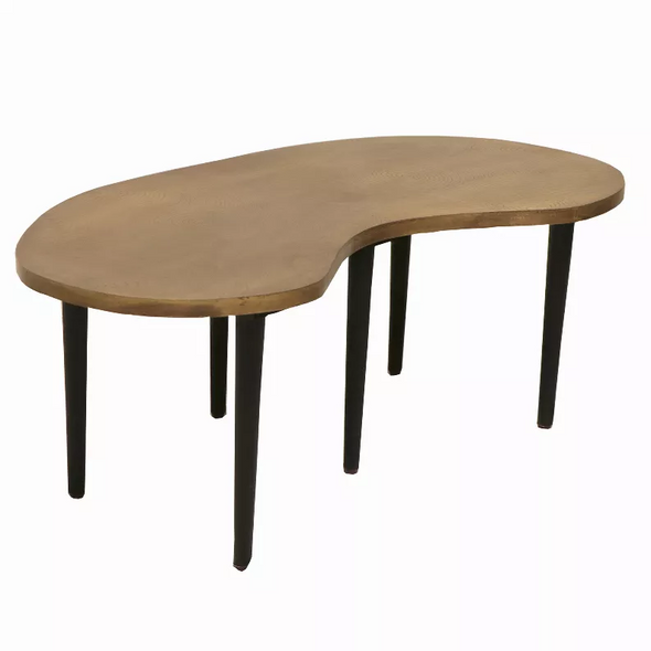 Industrial Kidney Bean Shaped Brass Top Coffee Table with Tapered Legs, Brass and Black - Brown, Black - 2233