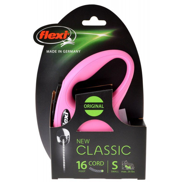 Flexi New Classic Retractable Cord Leash - Pink Small - 16' Lead (Pets up to 26 lbs)