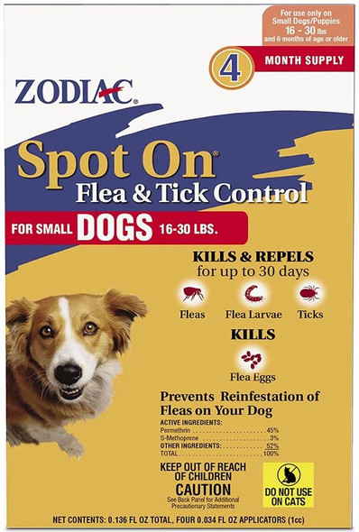 Zodiac Spot on Flea & Tick Controller for Dogs Small Dogs 16-30 lbs (4 Pack)