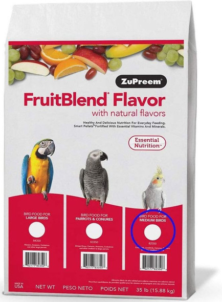ZuPreem FriutBlend with Natural Fruit Flavors Pellet Bird Food for Medium Birds (Cockatiel and Lovebird) 35 lbs