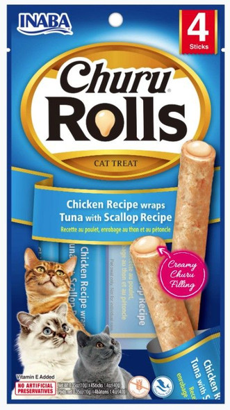 Inaba Churu Rolls Cat Treat Chicken Recipe wraps Tuna with Scallop Recipe 4 count