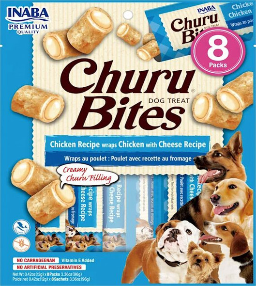 Inaba Churu Bites Dog Treat Chicken Recipe wraps Chicken with Cheese Recipe 8 count