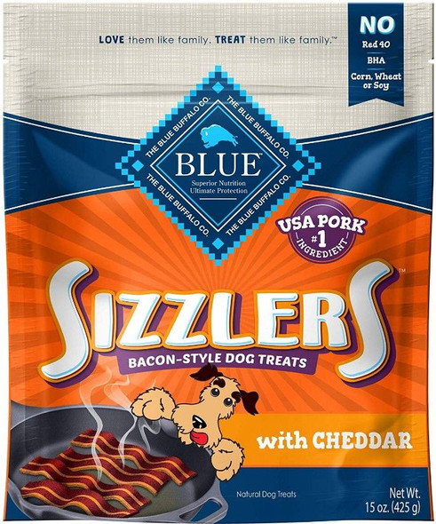 Blue Buffalo Sizzlers Natural Bacon-Style Soft-Moist Dog Treats with Cheddar 15 oz