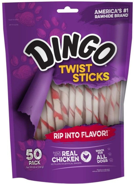 Dingo Twist Sticks Chicken in the Middle Rawhide Chews (No China Sourced Ingredients) 50 Pack