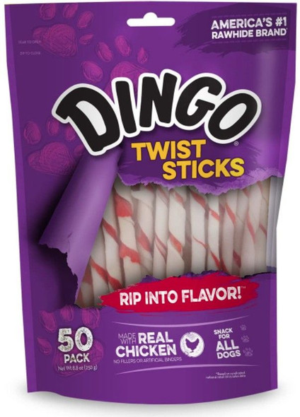 Dingo Twist Sticks Rawhide Chew with Chicken in the Middle 6 Long (50 Pack)