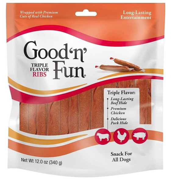 Healthy Hide Good'n' Fun Triple Flavor Ribs Rawhide, Chicken and Pork Hide 12 oz