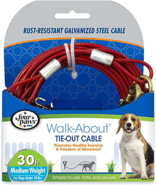 Four Paws Dog Tie Out Cable - Medium Weight - Red 30 Long Cable