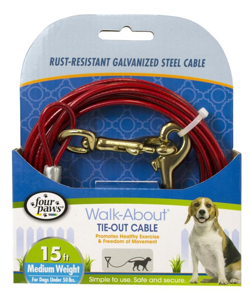 Four Paws Walk-About Tie-Out Cable Medium Weight for Dogs up to 50 lbs 15' Long