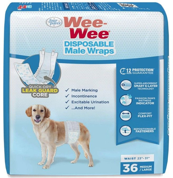 Four Paws Wee Wee Disposable Male Dog Wraps Medium/Large 36 count