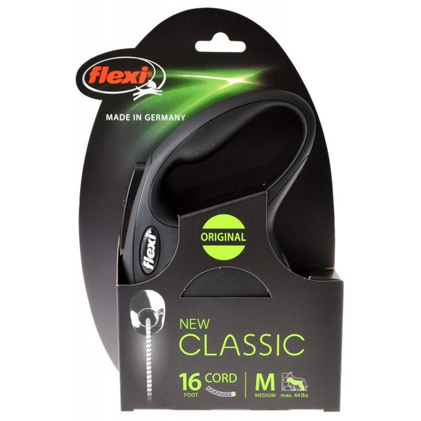 Flexi New Classic Retractable Cord Leash - Black Medium - 16' Cord (Pets up to 44 lbs)