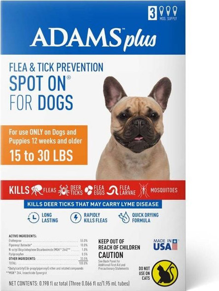 Adams Flea And Tick Prevention Spot On For Dogs 15-30 lbs Medium 3 Month Supply  1 count