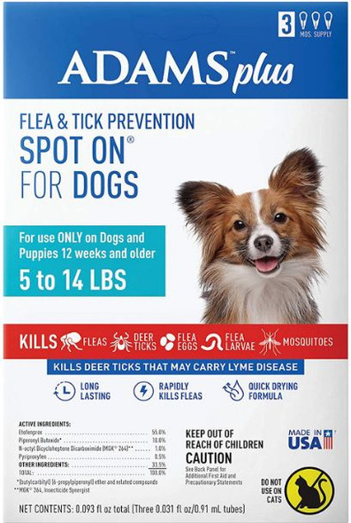 Adams Flea And Tick Prevention Spot On For Dogs 5-14 lbs Small 3 Month Supply  1 count