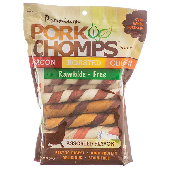 Pork Chomps Premium Assorted Pork Twistz - Bacon, Roasted & Chicken Flavors 24 Count - Assorted Flavors - (6 Chews)