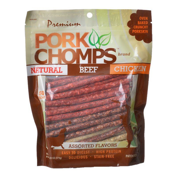 Premium Pork Chomps Assorted Munchy Sticks 50 Pack - (Natural Beef & Chicken Flavors)