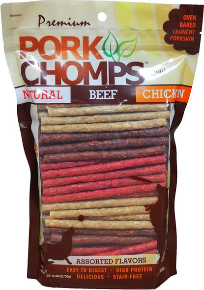 Pork Chomps Munchy Sticks Dog Treat Assorted Flavors 100 count