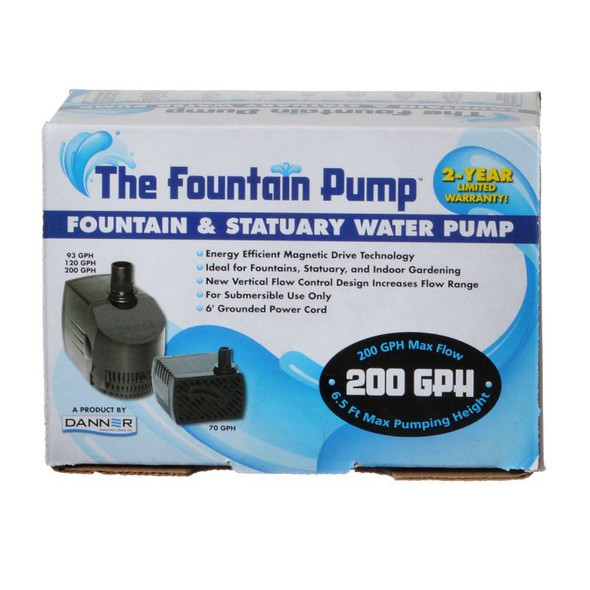 Danner Fountain Pump Magnetic Drive Submersible Pump SP-200 (200 GPH) with 6' Cord