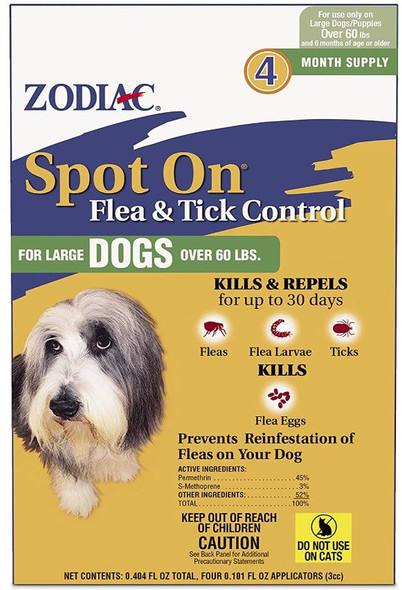 Zodiac Spot on Flea & Tick Controller for Dogs Large Dogs over 60 lbs (4 Pack)