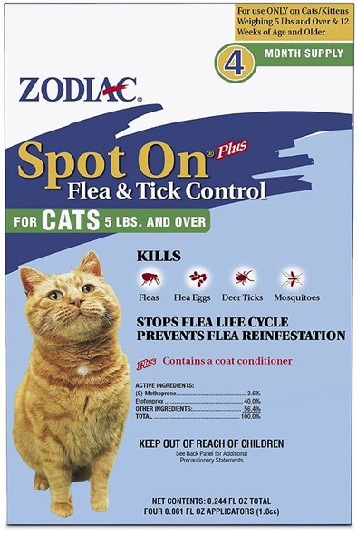 Zodiac Spot on Plus Flea & Tick Control for Cats & Kittens Cats over 5 lbs (4 Pack)