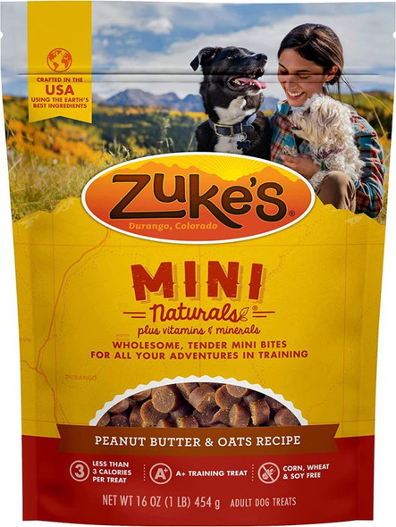 Zukes Mini Naturals Dog Treats - Peanut Butter & Oats Recipe 1 lb