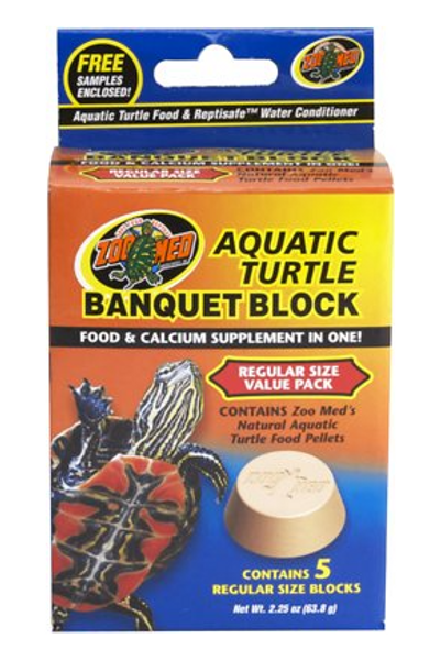 Zoo Med Aquatic Turtle Banquet Blocks are a unique blend of whole Turtle Food Pellets inside a calcium base. They provide a fun food and calcium treat, help neutralize acidic water, and help maintain your turtle's beak.