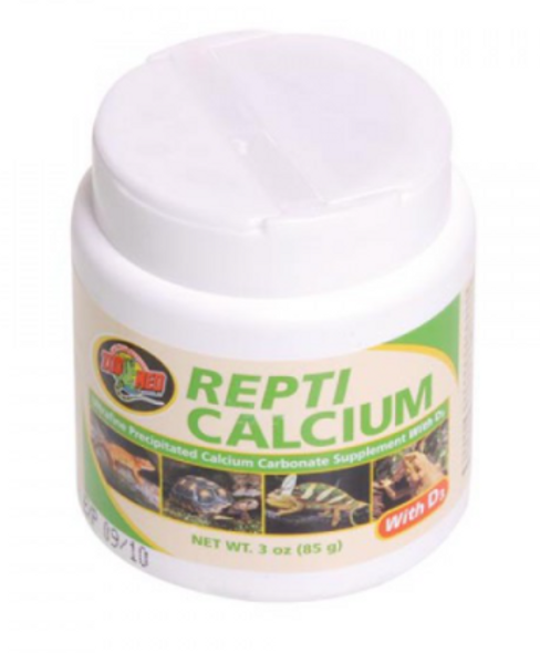 Repti Calcium is an ultra fine pecipitated calcium carbonate supplement with Vitamin D3. It is a phosphorus-free calcium supplement for reptiles and amphibians. Has a unique shape/high surface area per gram resulting in increased calcium bioavailability.