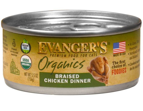 <body><p>Evanger's Organic Braised Chicken Dinner is formulated to meet the nutritional levels established by the AAFCO nutrient profiles for all life stages. Kittens, pregnant and nursing cats may require 2-3 times above amounts, and reduced for less active or older cats. Amount of food your cat requires depends on activity, age, environment and breed.</p><ul><li>Certified Organic by Oregon Tilth</li> <li>Holistic dinners</li> <li>Naturally cooked in its own juices</li></ul></body>