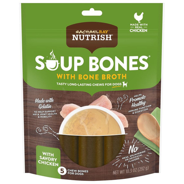 <body><p>Everyone loves the deep, delicious flavor of a chicken soup, and now your dog can too! With U.S. farm-raised chicken, Rachael Ray Nutrish dog treats only include the good stuff for your four-legged family members. That means never including any artificial flavors or meat by-products and using real chicken as the number one ingredient. Chicken provides high protein needed for lean muscle mass, while peas and carrots provide excellent sources of essential vitamins, minerals and dietary fiber, helping to support gentle healthy digestion and providing energy. These dog chews are also highly digestible, with no splintering or mess made while your pup enjoys them. These long-lasting chews will keep your dog happy as he works on getting closer to the tender, meaty center and savors every bite along the way. With these Soup Bones dog treats, you can feel good knowing you're treating your dog to a snack he not only thinks is delicious, but is also made with wholesome ingredients.</p><ul><li>Savory, long-lasting chews with a tender, meaty center</li> <li>No meat by-products or artificial flavors</li> <li>Perfect for small, medium or large dogs</li></ul></body>