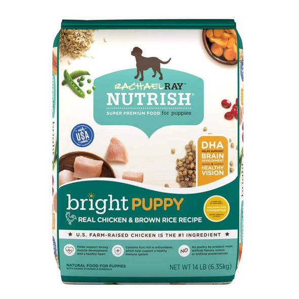 <body><p>Feed your fur baby a recipe with all the nutrition your puppy needs to grow and a delicious, a puppy-approved taste! Rachael Ray Nutrish Bright Puppy Dry Dog Food Real Chicken & Brown Rice Recipe is a wholesome, chicken first dog food that both you and your pup will love. Inspired by Rachaelâ€²s kitchen, itâ€²s crafted with carefully selected ingredients to give your puppy a strong foundation for a bright, healthy future. Check out some of what makes this high-quality dog food so tasty and nutritious: REAL CHICKEN, the #1 ingredient, helps support healthy organs and build lean muscle mass. BROWN RICE & PEAS are an excellent source of wholesome fiber, which helps support healthy digestion. CHICKEN MEAL contains calcium, which helps support growing bones, healthy joints and strong teeth. FISH MEAL is a natural source of EPA+DHA which helps support brain development and healthy vision. CHICKEN FAT is a naturally rich source of omega-6 and omega-3 fatty acids, which help support skin and coat health. Know whatâ€²s NOT in this premium puppy food? Poultry by-product meal or artificial flavors, colors or artificial preservatives. Nothing but good, wholesome food here!</p><ul><li>REAL U.S. FARM RAISED CHICKEN is always the #1 ingredient, which helps support healthy organs and build lean muscle mass</li> <li>TASTY RECIPE, specially crafted with the unique needs of your growing puppy in mind, and suitable for all life stages</li> <li>Natural dog food with added vitamins & minerals</li> <li>No poultry by-product meal, fillers, artificial preservatives, colors or artificial flavors</li></ul></body>