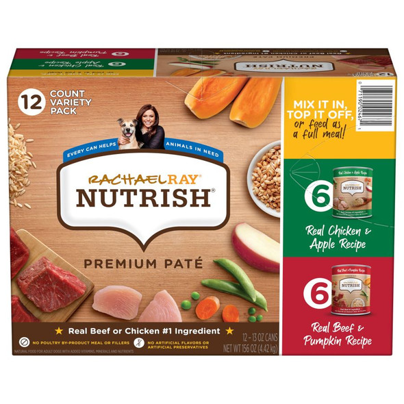 <body><p>Give your dog a premium mealtime experience in every dish with Rachael Ray Nutrish wet dog food. This premium patÃ© dog food variety pack includes recipes made with real beef or chicken as the number one ingredient and real veggie pieces you can see. Combined with wholesome fruits and grains, plus added vitamins and minerals, each can contains a tasty, complete and balanced recipe for adult dogs. They pair great with your dogâ€™s favorite Nutrish dry kibble recipes. Mix them in, top them off or feed as full meals. Thereâ€™s no artificial flavors or artificial preservatives and no added corn, wheat, soy or gluten, either. Just good, wholesome food inspired by the heart of Rachaelâ€™s kitchen.</p><ul><li>Premium patÃ© dog food</li> <li>Real protein as the number one ingredient and real veggie pieces you can see</li> <li>Wholesome fruits and grains, plus added vitamins and minerals</li> <li>Tasty, complete and balanced recipe for adult dogs</li> <li>No artificial flavors or artificial preservatives and no added corn, wheat, soy or gluten, either</li></ul></body>