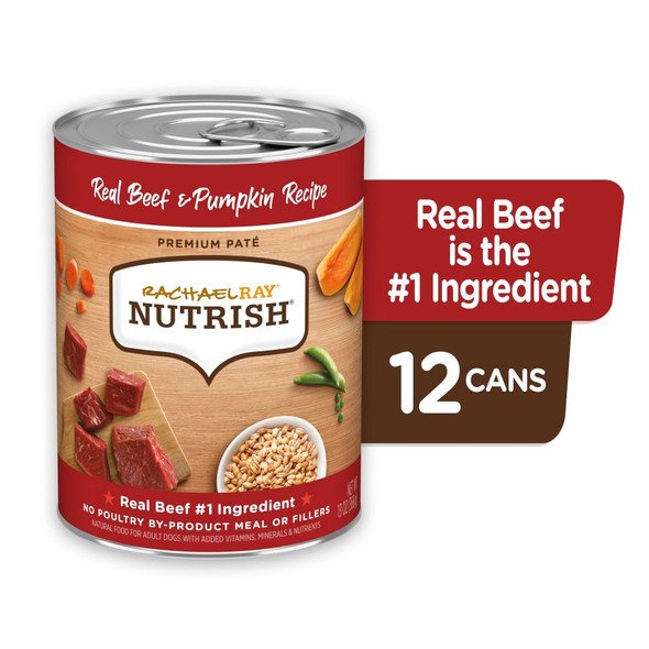 <body><p>Give your dog a premium mealtime experience in every dish with Rachael Ray Nutrish Real Beef & Pumpkin Recipe wet dog food. This premium patÃ© dog food is made with real beef as the number one ingredient and real veggie pieces you can see. Combined with pumpkin, barley and added vitamins and minerals, you get a tasty, complete and balanced meal for adult dogs. It pairs great with your dogâ€™s favorite Nutrish dry kibble recipes. Mix it in, top it off or feed as a full meal. Thereâ€™s no artificial flavors or artificial preservatives in this recipeâ€”no added corn, wheat, soy or gluten, either. Just good, wholesome food inspired by the heart of Rachaelâ€™s kitchen.</p><ul><li>Premium patÃ© dog food</li> <li>Real protein as the number one ingredient and real veggie pieces you can see</li> <li>Wholesome fruits and grains, plus added vitamins and minerals</li> <li>Tasty, complete and balanced recipe for adult dogs</li> <li>No artificial flavors or artificial preservatives and no added corn, wheat, soy or gluten, either</li></ul></body>