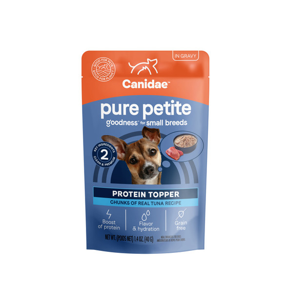 <body><p>Add a boost of protein, flavor and hydration with Canidae's Pure Petite Protein Toppers. Made with chunks of real Tuna, this is a single animal protein source recipe with only 2 key ingredients. Made without corn, wheat or soy, and no artificial colors, flavors or preservatives.</p><ul><li>Add a boost of protein, flavor and hydration</li> <li>Single animal protein source recipe with only 2 key ingredients</li> <li>Made without corn, wheat or soy</li> <li>No artificial colors, flavors or preservatives</li></ul></body>