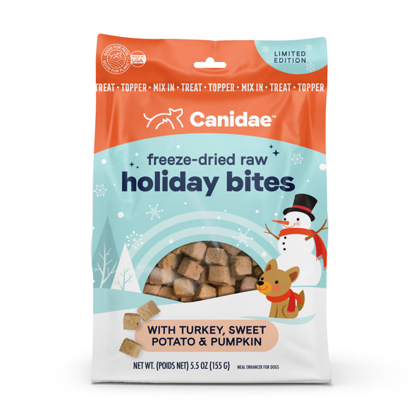 <body><p>Even more goodness this holiday season. Let them join in on the holiday feast with Canidae Freeze-Dried Holiday Bites featuring delicious turkey, sweet potato and pumpkin.</p><ul><li>Even more goodness this holiday season</li> <li>Let them join in on the holiday feast with Canidae Freeze-Dried Holiday Bites</li> <li>Featuring delicious turkey, sweet potato and pumpkin</li></ul></body>