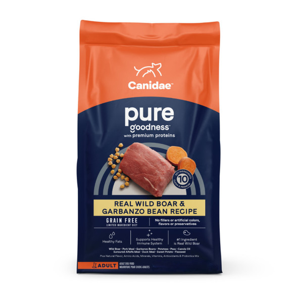 <body><p>Canidae PURE features premium proteins and clean recipes using a limited number of wholesome ingredients that are easily recognizable. These limited ingredient formulas offer your dog a well-rounded meal thatâ€™s been crafted with their health and well-being in mind. Choose from a variety of formulas made with premium proteins like bison, wild boar, duck or salmon, paired with whole ingredients like sweet potatoes, peas, lentils, or chickpeas â€” never corn, wheat, or soy. This grain-free dog food is ideal for pups with a sensitive stomach and offers nothing but pure goodness for your best friend. Canidae pet foods are ultra nutritionally dense, giving your pet the goodness they deserve.</p><ul><li>Packed with the goodness of premium proteins and healthy fats</li> <li>Clean recipes featuring ingredients you recognize</li> <li>Every recipe has 10 key ingredients or fewer</li> <li>#1 Ingredient is always real meat, poultry or fish</li></ul></body>