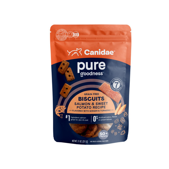 <body><p>CANIDAE Grain Free PURE limited ingredient biscuits let you reward your canine companion with a crunchy, healthy treat that tastes great. Available in a variety of flavors like salmon, duck, or bison paired with ingredients that are easy to recognize-like sweet potatoes, chickpeas, or butternut squash. We also include beneficial spices like turmeric, cumin, ginger, or cinnamon. Spend some quality time with your buddy and treat them with these easy-snap grain free snacks.</p><ul><li>Grain-free</li> <li>Limited ingredient recipe</li> <li>No artificial colors, flavors, or preservatives</li></ul></body>