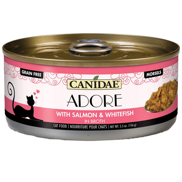 <body><p>CANIDAE Grain Free PURE Adore wet foods feature sumptuous shreds and savory morsels in a variety of tempting flavors your cat is sure to adore! Treat your favorite feline to delightful combinations of chicken, sardine, salmon, whitefish, mackerel, tuna, and shrimp-all in a delectable broth. These elegant meals are made without grains or carrageenan and are available in conveniently sized cans.</p><ul><li>Grain-free</li></ul></body>