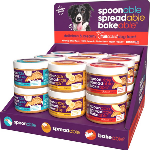 <body><p>Fruitables Spreadables Spreadables Creamy Dog Treat Counter Display 18ct</p><ul><li>Made with human grade real ingredients</li> <li>100% natural</li> <li>Gluten, vegan, xylitol,palm oil FREE</li> <li>Can be spread on favorite toy, or a medication, or bake your dogs cookies with Spreadables</li></ul></body>