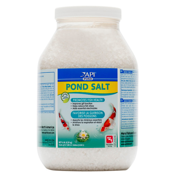 <body><p>A lack of electrolytes in pond may cause serious health problems for fish. API POND SALT supplies electrolytes to improve fish respiration. Made from evaporated sea water and containing natural active ingredients such as a natural fish tonic, API POND SALT promotes the overall health of your fish by improving their gill function and reducing stress in a pond. This all-natural salt provides the essential electrolytes fish need for the uptake of oxygen and release of carbon dioxide and ammonia through the gills. API POND SALT should only be added to reduce stress during new pond setup and water changes or to promote disease recovery when solving specific fish health issues. Use API POND SALT when setting up a new pond, when changing water or treating disease. Make sure to take extra care when using salt with live plants, as some plants may be sensitive. With API POND products, itâ€™s easy to keep a beautiful pond. For almost 60 years API has developed premium solutions with proven and effective results for your family and ours. API offers a range of testing kits, water conditioners, and nutritionally superior food, because weâ€™re dedicated to making a better underwater world. They work to provide a safe, hospitable environment for fish such as koi, catfish, perch, goldfish and more. At API, we understand the rewards and relaxation of fishkeeping because we have a passion for fish too.</p><ul><li>Promotes fish health and disease recovery with increased electrolytes</li> <li>Improves respiration for fish in pond</li> <li>Made from evaporated sea water for all-natural results</li> <li>Use when changing water, when setting up a new freshwater aquarium or pond and when treating fish disease</li> <li>Contains one (1) API POND SALT Pond Water Salt 9.6-Pound Container</li> <li>Treats up to 1200 gallons</li></ul></body>