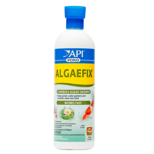 <body><p>Fast-acting API POND ALGAEFIX Algae Control works to control algae growth in ponds, water gardens, and fountains, keeping water clean and clear. API POND ALGAEFIX Algae Control works to control Green or Green water algae, String or Hair algae and Blanketweed. Will not harm fish and plants when used as directed. API POND ALGAEFIX Algae Control is for pond and fountain use only, where water is contained without any outflow. Ponds must have adequate aeration to maintain sufficient oxygen levels for fish, especially in warmer weather. To determine accurate dosing for your pond size, measure the pond volume before use. Do not use with freshwater crustaceans, including shrimp, crabs, and lobsters. With API POND products, itâ€™s easy to keep a beautiful pond. For almost 60 years API has developed premium solutions with proven and effective results for your family and ours. API offers a range of testing kits, water conditioners, and nutritionally superior food, because weâ€™re dedicated to making a better underwater world. They work to provide a safe, hospitable environment for fish such as koi, catfish, perch, goldfish and more. At API, we understand the rewards and relaxation of fishkeeping because we have a passion for fish too.</p><ul><li>Helps resolve algae problems and controls the formation of new algae; works fast; effectively controls most types of algae including green water (Chlorella), string and hair algae (Cladophora), blanket weed algae (Oedogonium) in ponds, koi ponds and fountains</li> <li>This EPA-registered pond algaecide will not harm fish, plants, surrounding wildlife and pets when used as directed</li> <li>Does not contain copper</li> <li>Before use, make certain that the pond/fountain has vigorous aeration; thoroughly mix into pond/fountain water and disperse evenly; Repeat dose every three days until algae is controlled; dose weekly to keep pond or fountain clean and clear and to reduce maintenance</li> <li>Contains one (1) API POND ALGAEFIX Algae Control 16-Ounce Bottle; treats up to 4,800 U.S Gallons</li> <li>Treats up to 4800 gallons</li></ul></body>