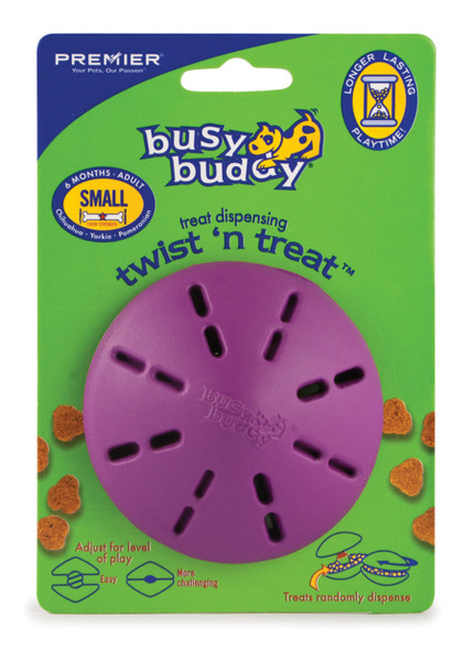 <body><p>The Busy Buddy Twist â€™n Treat will keep your dog busy for hours as he tries to get the delicious treats inside. The two halves are adjustable to work with a wide variety of treat options. Twist the halves far apart to give your dog a quick reward, or twist the halves closer together for more of a challenge. Add small treats or smear with cheese or peanut butter for even more playtime options.</p></body>