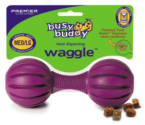 <body><p>The Busy Buddy Waggle has a flexible middle that wags back and forth during play. The balls on either end of the toy are compressible to encourage chewing. Each ball features the patented Treat MeterÂ® to hold a variety of treats.</p></body>