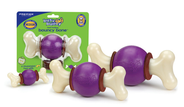 <body><p>The Busy Buddy Bouncy Bone is 3 toys in one: nylon bone, rubber ball, and refillable treat-holding toy. Made from durable nylon and natural vanilla-scented rubber, this toy was designed to satisfy strong chewers. Treat ring refills reward good chewing behavior to encourage longer playtime. New chicken-flavored dental support treats are made in the U.S.A. and help clean teeth and freshen breath.</p></body>