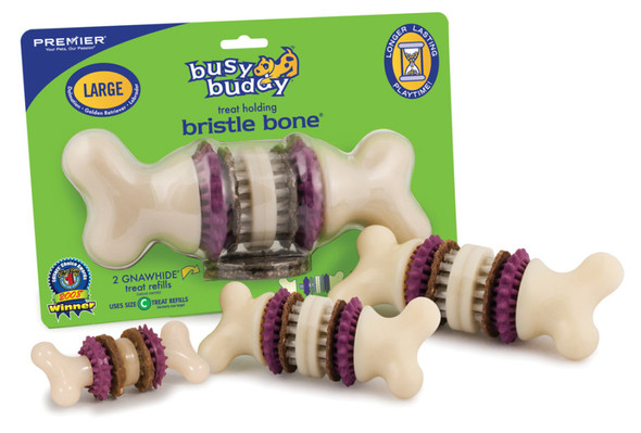 <body><p>The durable nylon bristles and rubber nubs of the Bristle Bone provide a unique chewing experience. The irresistible, replaceable Gnawhide treat rings ensure long-lasting enjoyment and are easy to replace. The design of the Bristle Bone makes it impossible for dogs to gorge on treats. Toy unscrews to load treats and clean. Comes packed with another set of natural rawhide treats. Additional Gnawhide treat rings sold separately</p></body>