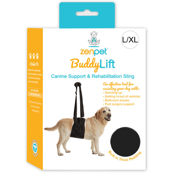 <body><p>The Buddy Lift support and rehabilition sling is designed to provide your dog a helping hand! It's a simple and effective solution to aid in: mobility issues for senior dogs, orthopedic injuries, hip dysplasia, arthritus pain, ACL/CCL surgery or other dibilitating ailments. An excellent tool for assisting your dog in standing up, getting in and out of vehicles, outside for bathroom breaks, up and down stairs, onto furniture, or provide some extra assistance when taking a walk.</p><ul><li>Designed to provide your dog a helping hand</li> <li>Simple and effective solution to aid in: mobility issues for senior dogs, orthopedic injuries, hip dysplasia, arthritus pain, ACL/CCL surgery or other dibilitating ailments</li> <li>Excellent tool for assisting your dog in standing up, getting in and out of vehicles, outside for bathroom breaks, up and down stairs, onto furniture, or provide some extra assistance when taking a walk</li></ul></body>