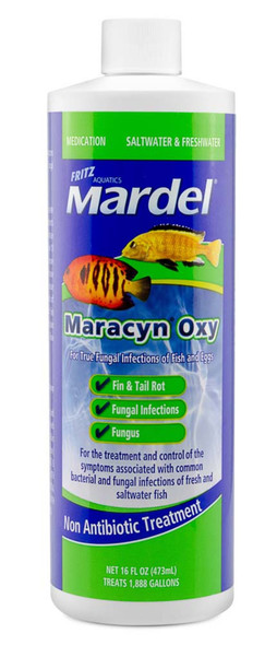 <body><p>Maracyn Oxy successfully controls fungus infections caused by Saprolegnia, Icthyosporidium, egg fungus and related species, and common bacterial infections. It slowly releases small amounts of a stabilized oxygen-chlorine combination which, when used as directed, has an unusual ability to treat a wide variety of tropical fish diseases. Fungus infections are usually found at the site of an injury or recent attack from parasites. A true fungus infection has a cotton-like appearance similar to a mold found on fruit, bread or cheese, except that on a fish a fungus is usually white. Fungus infections are very difficult to treat and are usually secondary invaders resulting from an injury on the fish or recent wounds from parasites or bacterial infection. Once the fungus starts growing on the fish, it usually continues to grow and enlarge. Unless medication is provided, death results.</p></body>