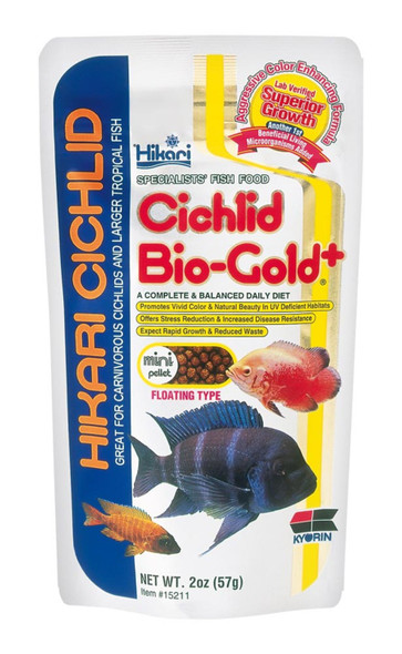 <body><p>A daily diet for cichlids utilizing bio-technology for superior coloration. Great for larger tropical fish requiring higher protein levels. HikariÂ® Cichlid Â®Bio-Gold+ is the result of a technological breakthrough allowing us to include probioticsâ€”beneficial living micro-organisms which provide many visible benefits.</p></body>