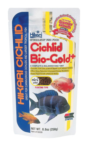 <body><p>A daily diet for cichlids utilizing bio-technology for superior coloration. Great for larger tropical fish requiring higher protein levels. HikariÂ® Cichlid Â®Bio-Gold+ is the result of a technological breakthrough allowing us to include probioticsâ€”beneficial living micro-organisms which provide many visible benefits.</p></body>